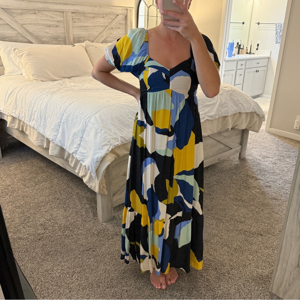 Nine West Blue and Yellow Abstract Maxi Dress